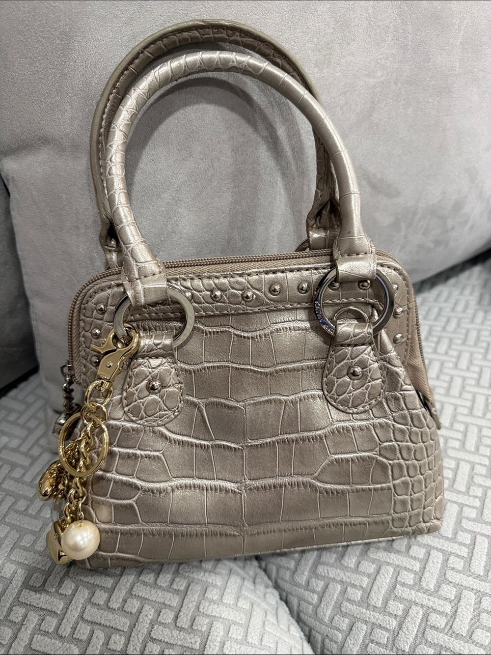 Kathy Van Zeeland Mini Handbag Elegant Croc-Embossed Satchel Bag - Silver Taupe